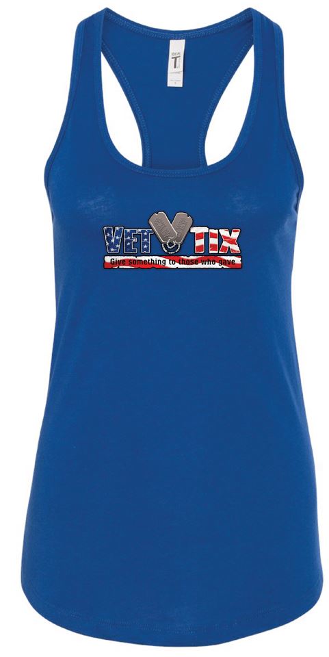 Women's ROYAL BLUE Racerback Tank - Vet Tix FLAG Logo
