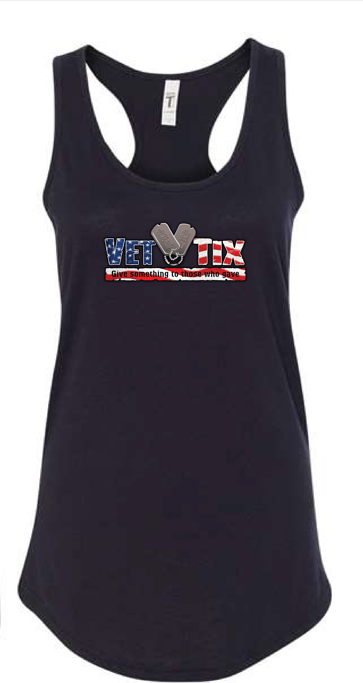 Women's BLACK Racerback Tank - Vet Tix FLAG Logo