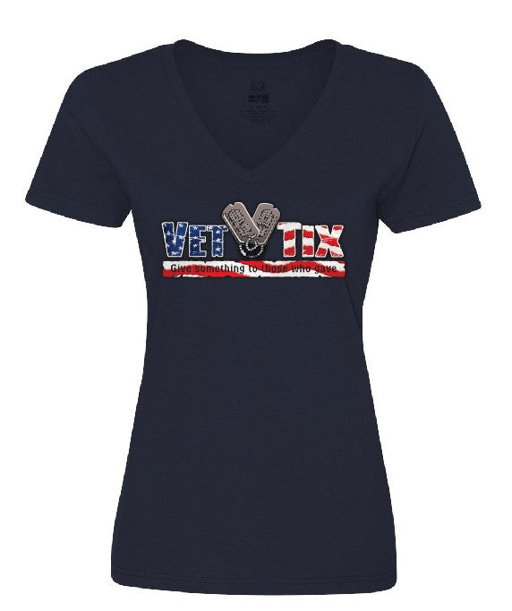 Women's Vet Tix FLAG Logo Navy Blue V-Neck Shirt - NO BRANCH